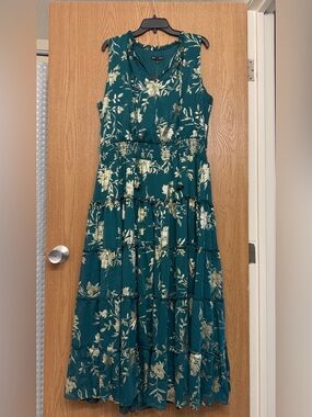 Dark green and metallic gold floral maxi dress